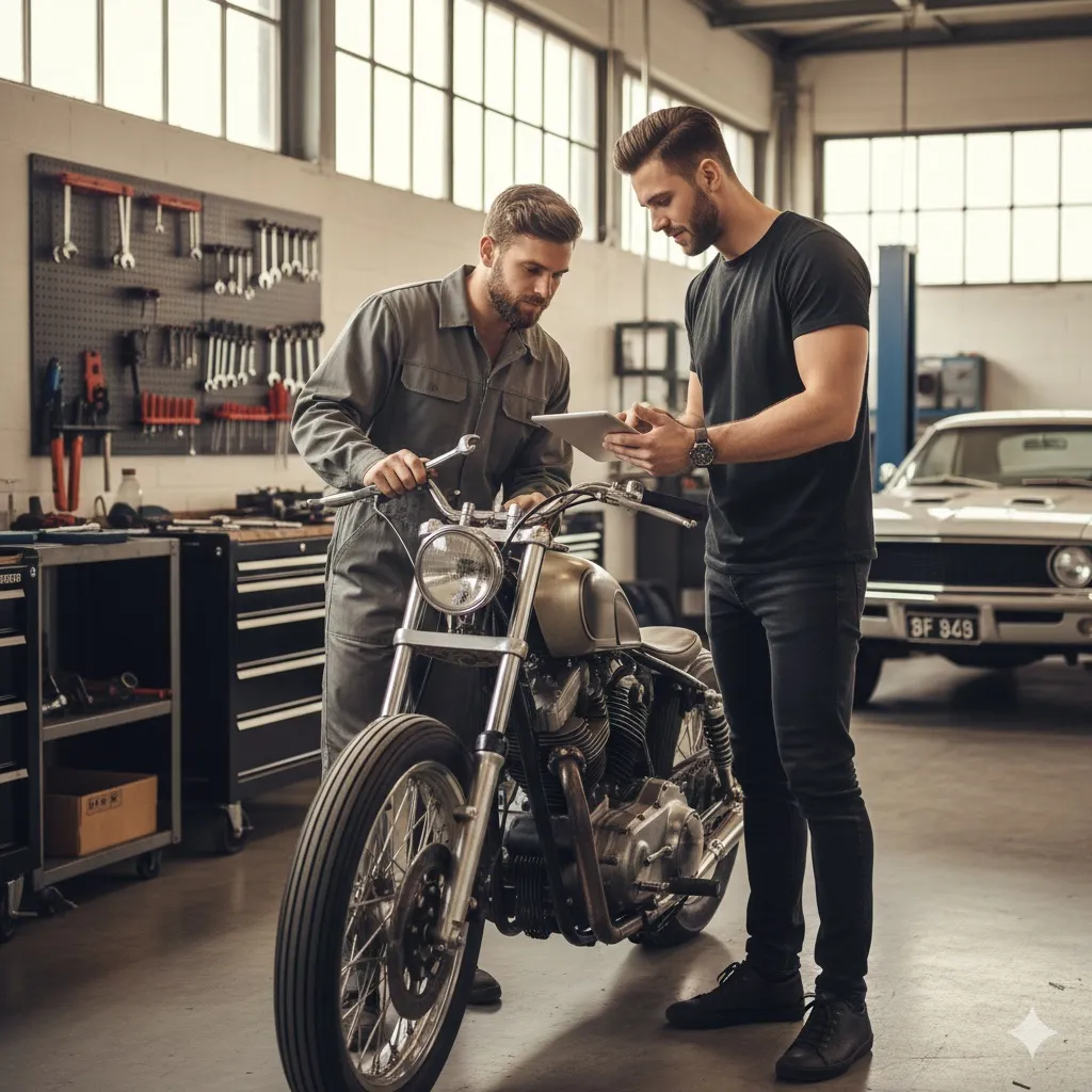 Two male business owners in vehicle shop preparing for sale and marketing